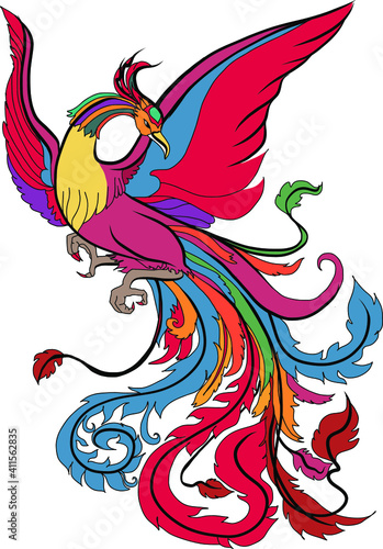 hoenix Fire bird illustration and character design.Hand drawn Phoenix tattoo Japanese and Chinese style,Legend of the Firebird is Russian fairy tales and it is creature from Slavic folklore.