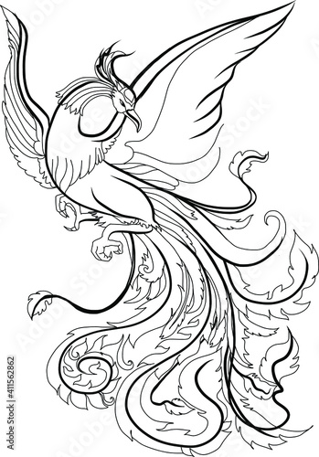 hoenix Fire bird illustration and character design.Hand drawn Phoenix tattoo Japanese and Chinese style,Legend of the Firebird is Russian fairy tales and it is creature from Slavic folklore.
