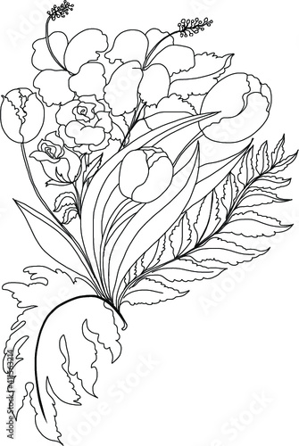 hand drawn ,doodle art flower ,Bouquet of tropical flowers.peony flower with sunflower and rose illustration.