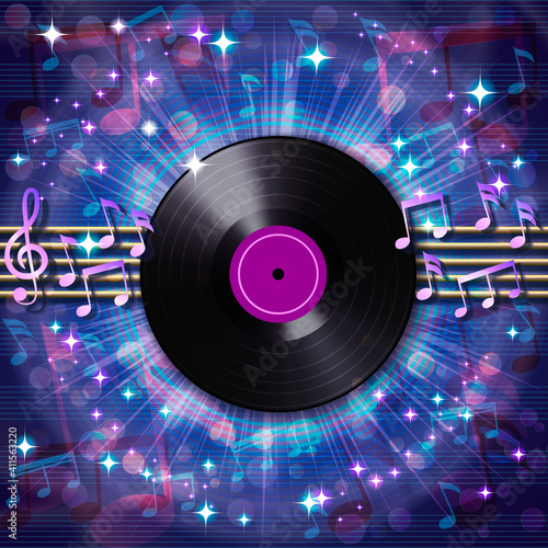 Abstract musical background with notes on the musical staff and retro vinyl record.