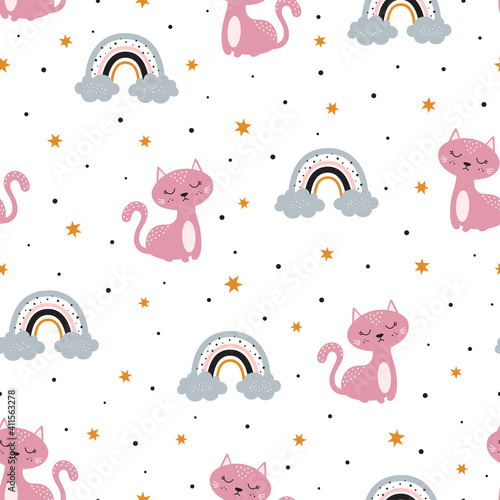 seamless pattern with cat and rainbow for baby print