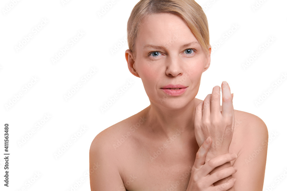 Beauty face. Studio portrait of beautiful middle aged 40s woman isolated on white Beauty face. Studio portrait of beautiful middle aged 40s woman isolated on white