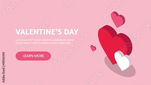 Banner design for Valentine's Day with isometric red, white and pink hearts on pink background. Learn more button for web. - Vector