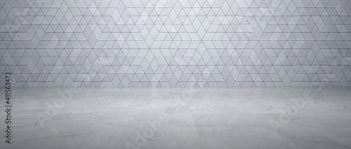 Empty Interior With Metal Triangle Pattern Wall and Polished Marble Floor (3d...
