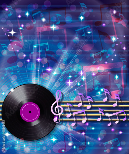 Abstract musical background with random notes on the musical staff and retro vinyl record.
