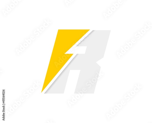 R letter logo, vector font with lightning flash power icon
