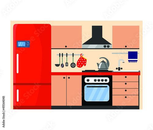 Cozy kitchen interior with furniture. Flat style vector illustration