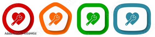 Wrench and heart vector icon set, flat design buttons on white background for webdesign and mobile phone apps