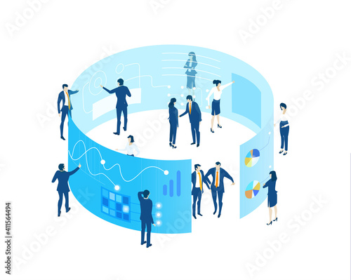 Isometric 3D business environment. Business management. Isometric office space, server room with business people. Technology, success, internet, data protection and personal security infographic