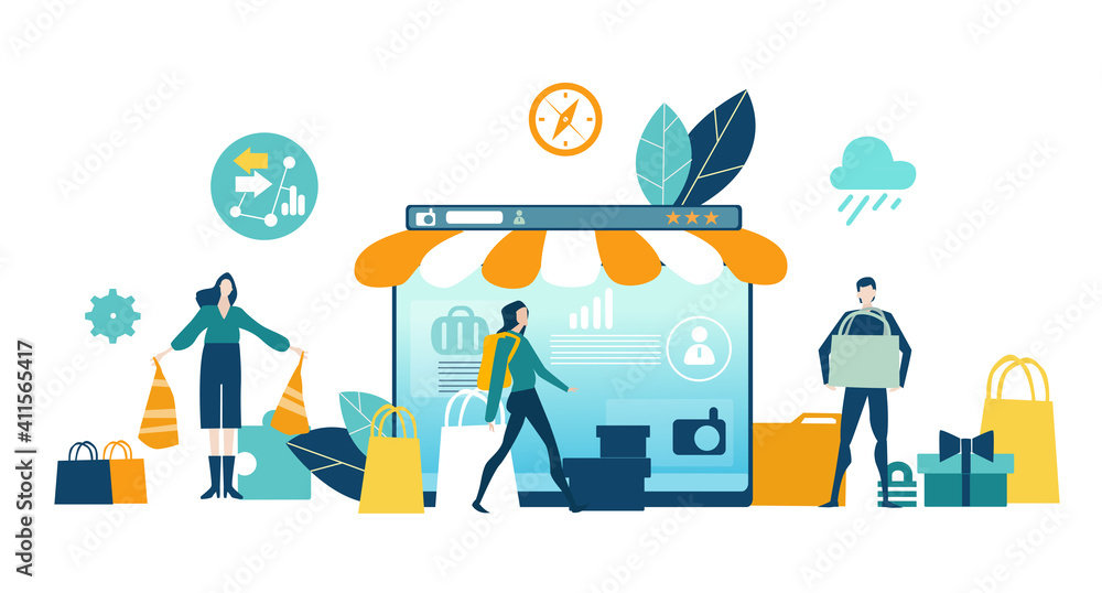 Online shopping concept illustration. Spend money, buy gift, people making inline orders - obrazy, fototapety, plakaty 