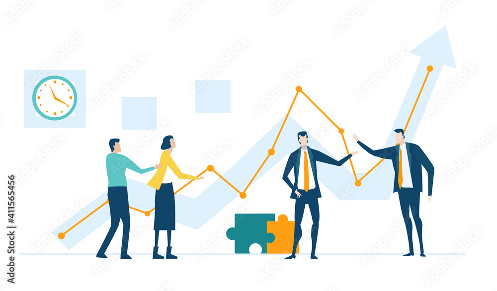 Business people having discussion in front of screen with growth charts and bars and make decisions regarding investments, new start up, project of developing program Business people having discussion in front of screen with growth charts and bars and make decisions regarding investments, new start up, project of developing program