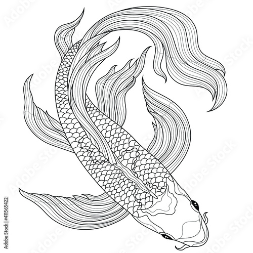 Koi carp fish.Coloring book antistress for children and adults. Zen-tangle style.Black and white drawing.Hand draw