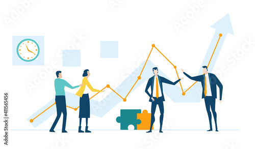 Business people having discussion in front of screen with growth charts and bars and make decisions regarding investments, new start up, project of developing program