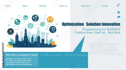 Flat design website or app page template. Financial services, banking, strategic planning, development, business solutions, consulting, market research, teamwork, data analyse, support, security
