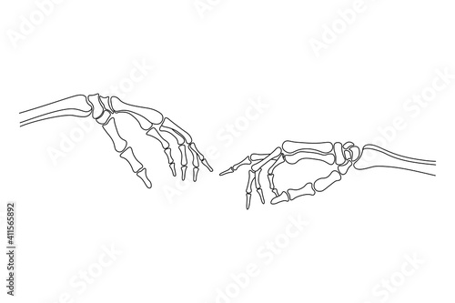 Bones of two hands, the creation of adam Michelangelo inspired art. Abstract minimalist illustration tattoo for print, textile, posters.