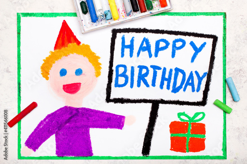 Colorful drawing: Happy Birthday card. Smiling birthday boy with gift