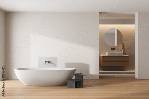 White bathroom interior with a white tub  sinks and round mirrors. mock up