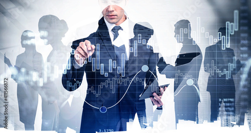 Trader is carrying out a research of historic data of stock market behaviour by pointing to hologram outlier. Financial graph, internet trading concept. Forex. Double exposure