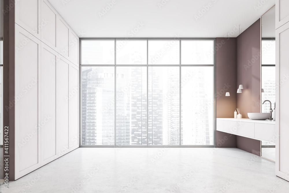Wooden and white bathroom with sink, mirror and window with city, front view. Minimalist design of modern bathroom with concrete floor and shelves. Wooden and white bathroom with sink, mirror and window with city, front view. Minimalist design of modern bathroom with concrete floor and shelves.