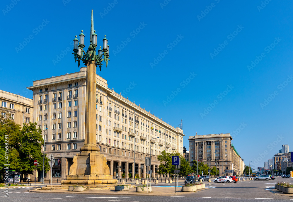 Fototapeta premium Panoramic view of Plac Konstytucji Constitution square with communist architecture of MDM quarter in Srodmiescie downtown district of Warsaw, Poland