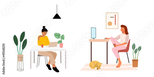 Freelancers at home. Set of young women work on laptops. Vector illustration. Online education concept