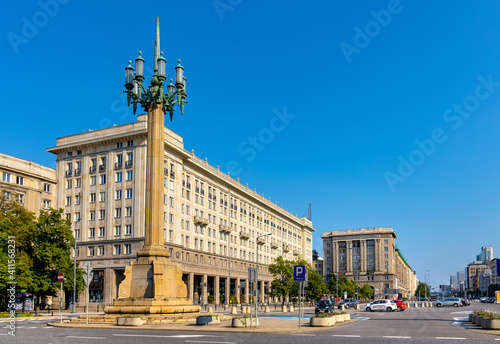 Panoramic view of  Plac Konstytucji Constitution square with communist architecture of MDM quarter in Srodmiescie downtown district of Warsaw, Poland photo