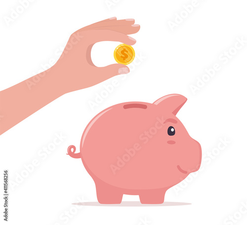 Human hand drops coin into piggy bank. Money saving, economy, investment, banking or business services concept. Profit, income, earnings, budget, fund. Vector illustration.