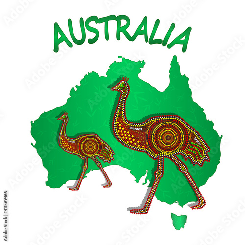Map of Australia with two emu isolated on white background. Australian continent. Australia Aboriginal day. Naidoc week. Union jack. Reconciliation Day. Travel to australia poster. Vector illustration