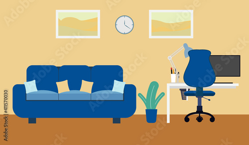 Room interior design with a PC table  sofa  pictures  house plant in pot. Flat design. Blue and beige colors. Stock vector illustration.