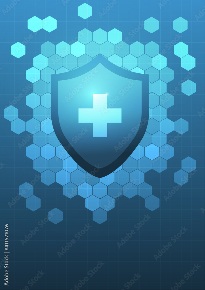Fototapeta premium Vector : Red cross logo and shield on blue medical background