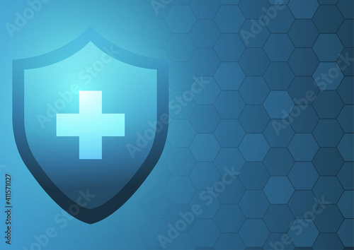 Vector : Red cross logo and shield on blue medical background