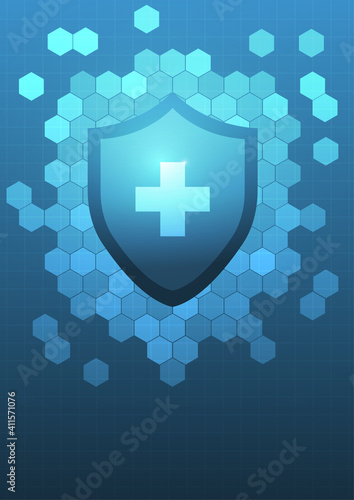 Vector : Red cross logo and shield on blue medical background