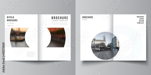 Vector layout of two A4 cover mockups templates for bifold brochure, flyer, magazine, cover design, book design. Background template with rounds, circles for IT, technology. Minimal style.