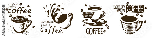 Vector set of drawn coffee cup logos on white background