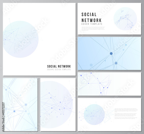Vector layouts of social network mockups in popular formats for cover design, website design, website backgrounds or advertising mockups. Blue medical background with connecting lines and dots, plexus