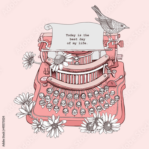 Vintage Typewriter with a Chamomile flowers and bird on a light pink background. Vector illustration.