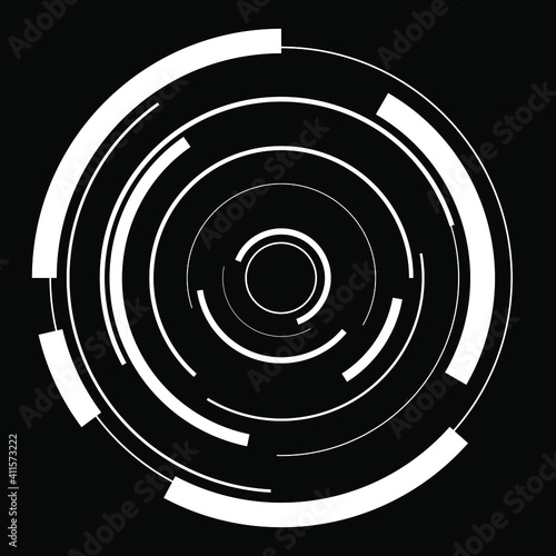 Abstract white radial lines. Vector illustration. Design element for technology round logo, striped border frame, blackout tattoo, prints, monochrome pattern and abstract background