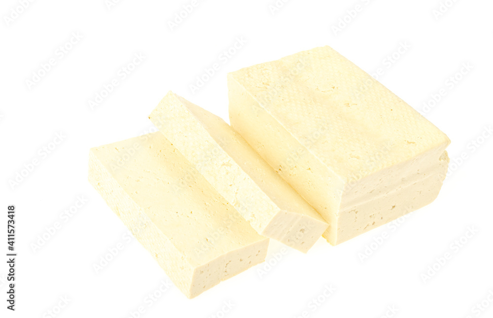 Vegetarian food. Tofu cheese on white background.