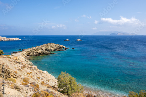 Latinaki beach, rocky beach with crystal waters on Folegandros island. Cyclades, Greece