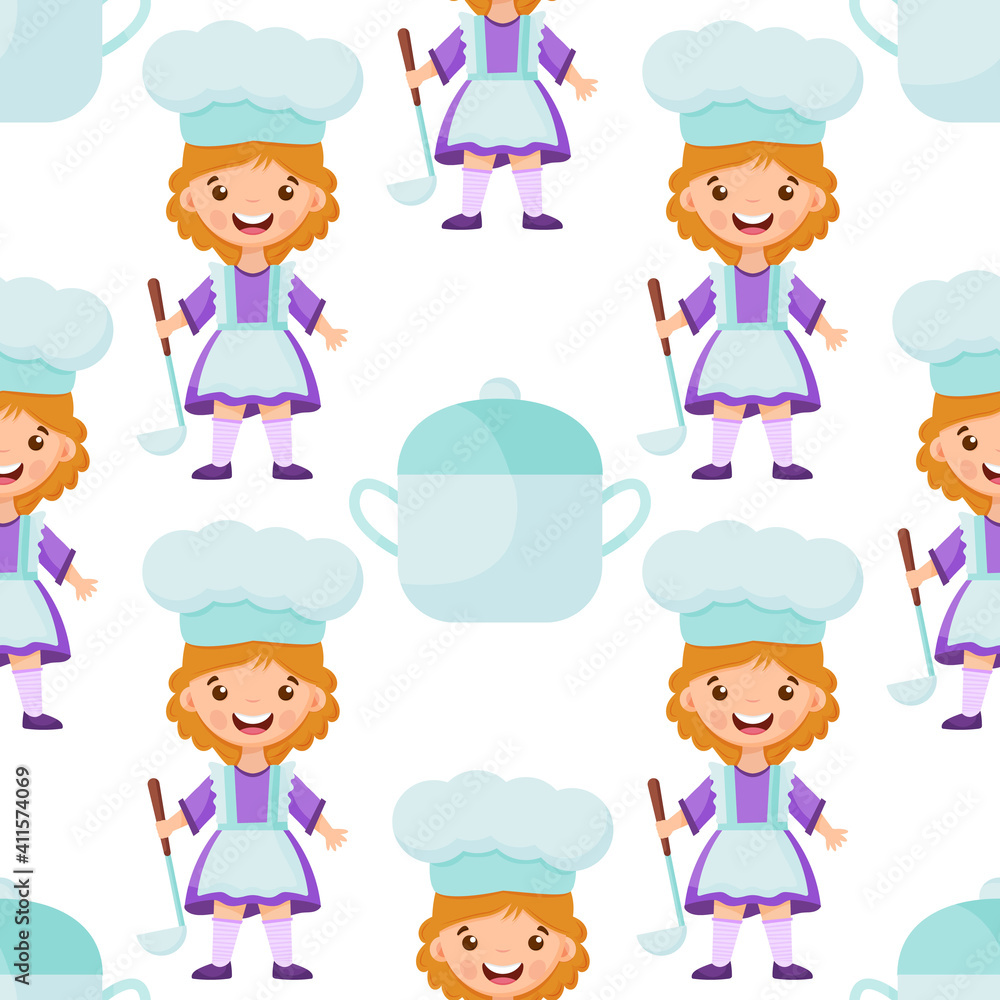 Seamless pattern of cartoon kitchen ware and cute child cook. Vector children background. Seamless pattern of cartoon kitchen ware and cute child cook. Vector children background.