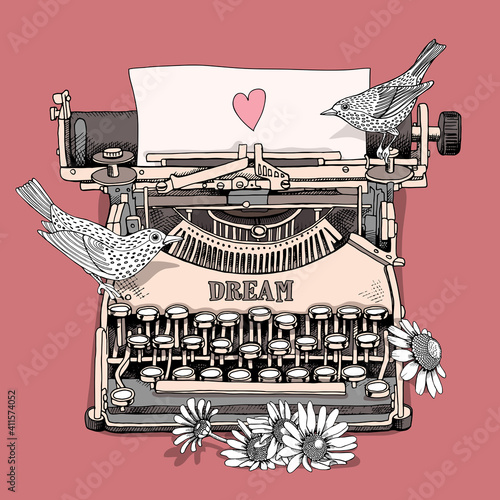 Vintage typewriter machine with a picture pink heart on a paper, birds and Chamomile flowers. Vector illustration.