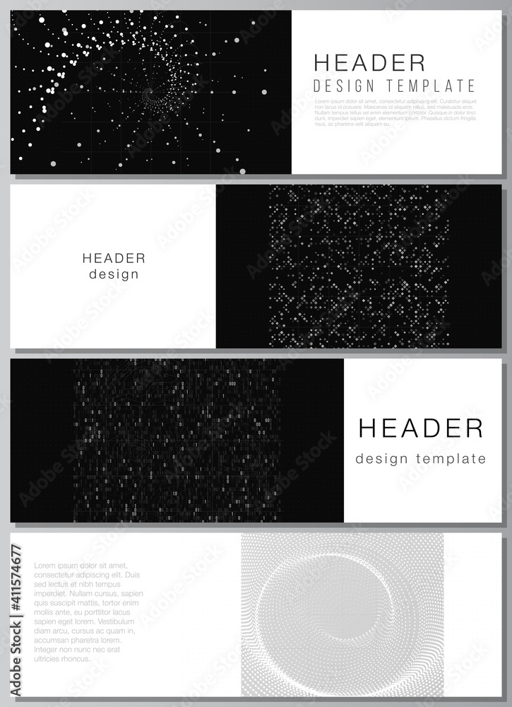 Vector layout of headers, banner design templates for website footer design, horizontal flyer design. Abstract technology black color science background. Digital data visualization. High tech concept. Vector layout of headers, banner design templates for website footer design, horizontal flyer design. Abstract technology black color science background. Digital data visualization. High tech concept.