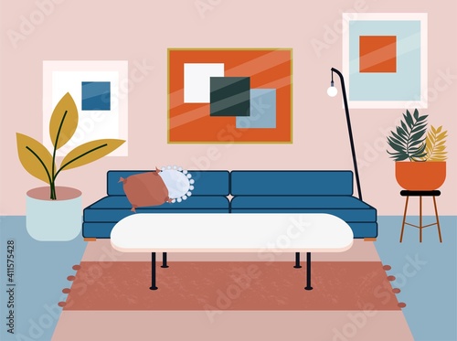Interior of the living room. Flat vector illustration. Design sofa, table and decor accessories. 