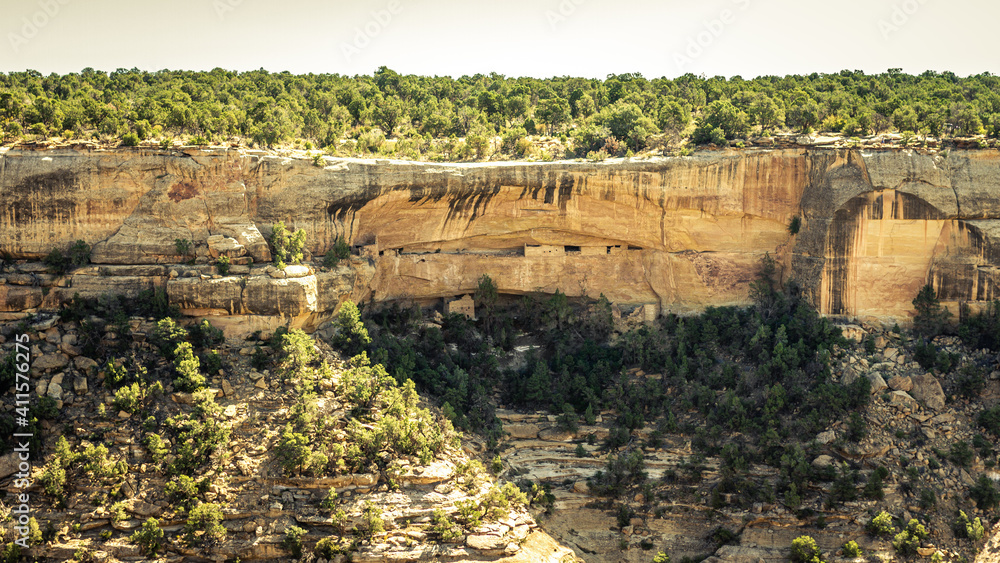 Panorama shot of canyon and ruins of historic rock towns in mesa verde national park in america
