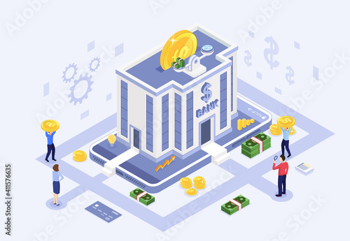 Male and female characters are saving money in bank. People are holding and carrying coins towards the bank. People leave their savings in the bank. Isometric cartoon vector illustration