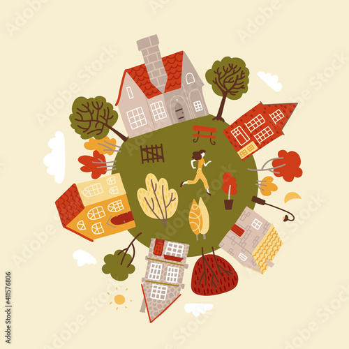 Cote round planet with a green trees, cozy small houses, and character. Home of happiness and calmness. Flat vector illustration.