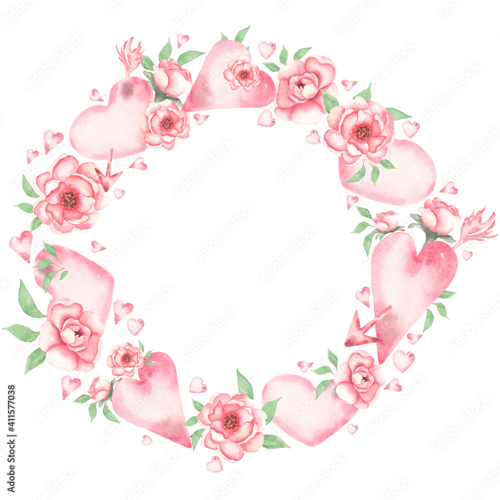 Watercolor Valentine's Day wreath clipart, Romantic Pink flowers heart clip art. Valentine Love illustration, Baby Girl Florals print