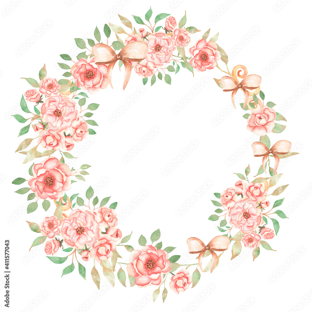 Vintage Floral Wreath Clipart, Watercolor Romantic Pink Peony Flower Frame Clip art, Delicate Peach Roses Bouquet illustration