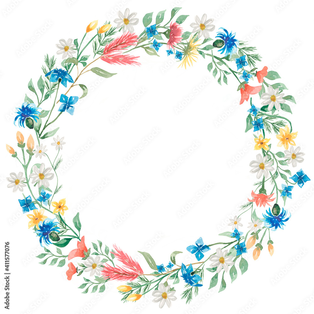 Watercolor Wildflower Wreath clipart.Field Florals Clip art, Nature illustration, Wedding invitation, botanical meadow flowers frame