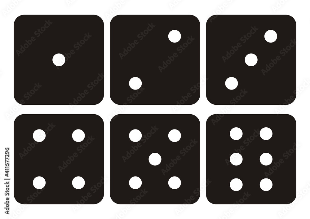 Dice, black silhouette, set of icons. Traditional dice with six faces